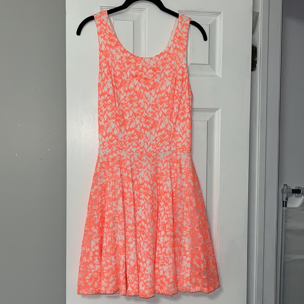Guess Neon Orange Lace Open Back Skater Dress
